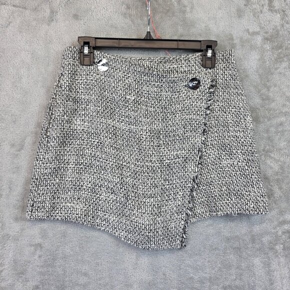 Zara Skort Womens Medium Gray Tweed Wrap Front Shorts Mini Skirt Pockets Lined - Picture 1 of 9